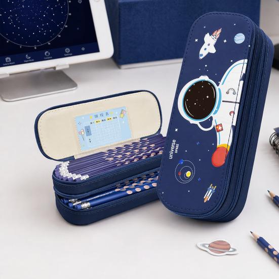 Astronaut Pencil Case for Kids Large Capacity Space Theme Pencil Pouch with Rocket Print Waterproof Thick Canvas Stationery Bag for Boys Girls