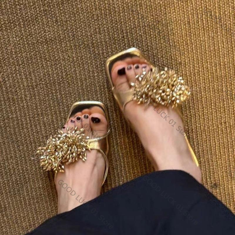 Fashion 2025 Gold Rhinestone Flower Sandals and Slippers Women's Summer New Fashion Temperament Square Toe Open Toe Stiletto Slippers