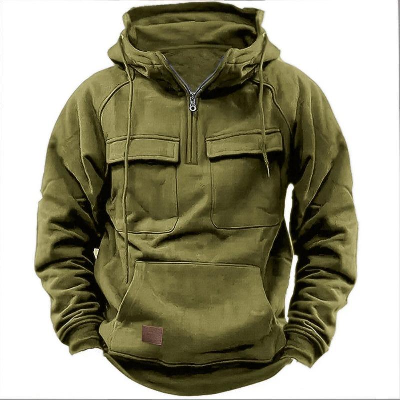 Men’s Solid Color Hooded Sweatshirt with Multi Pockets