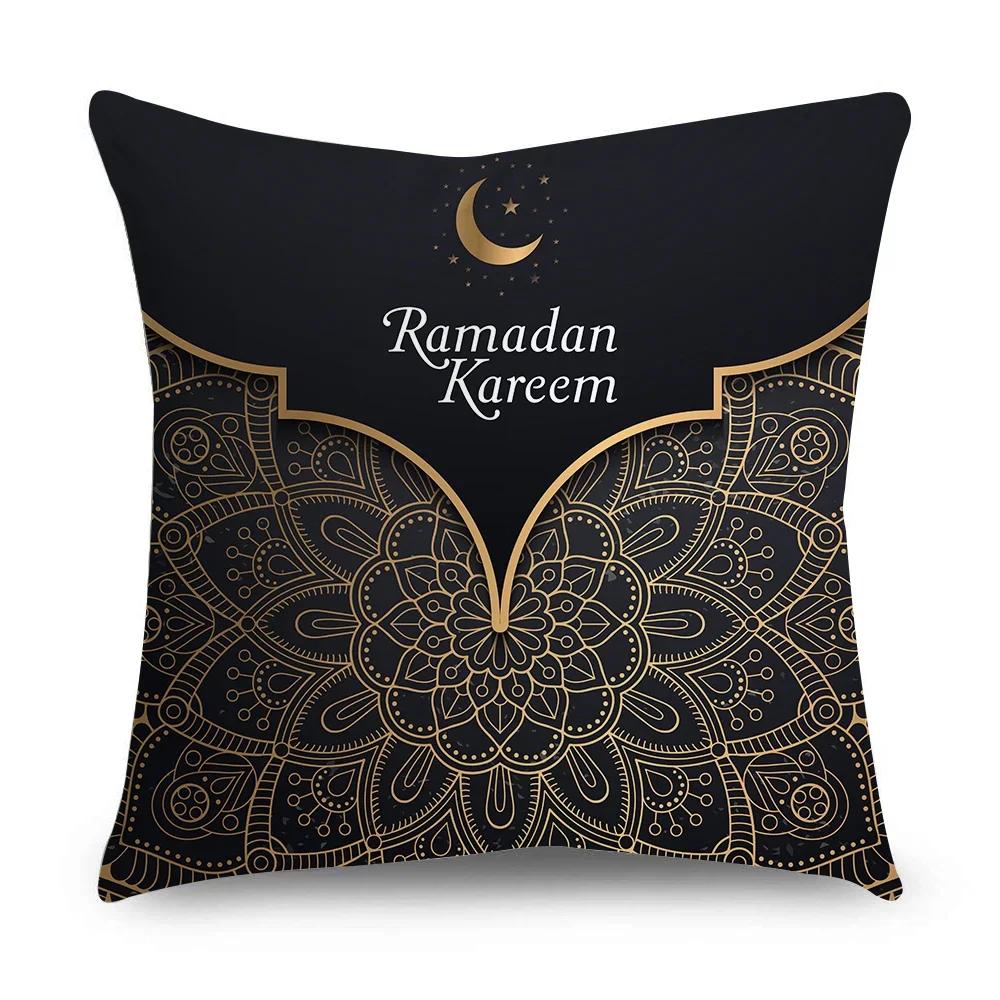 Ramadan Cushion Cover Islamic Eid Mubarak Black Gold Pillow Covers Home Decor Sofa Decorative Short Velvet Pillowcase 45cm*45cm
