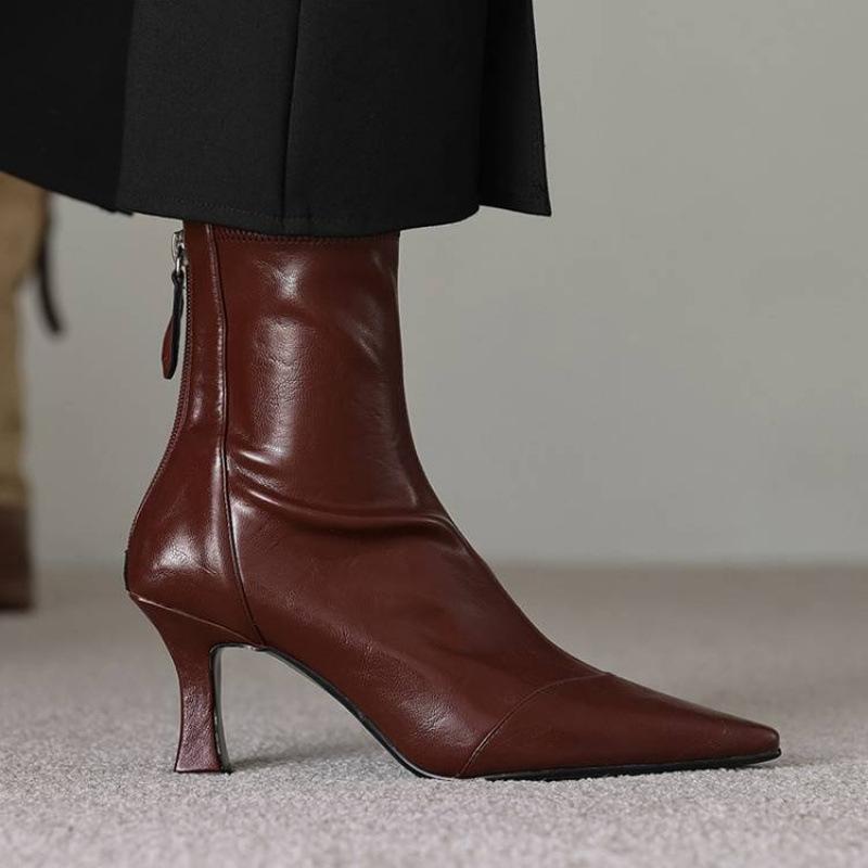Neue, hochhackige Damenstiefel in großen Größen, mit Reißverschluss hinten, weicher Sohle aus Rindersehnenmaterial, komfortablem Reißverschluss hinten, einfarbigem, vielseitigem Stiletto-Stiefel mit mittelhohem Absatz.