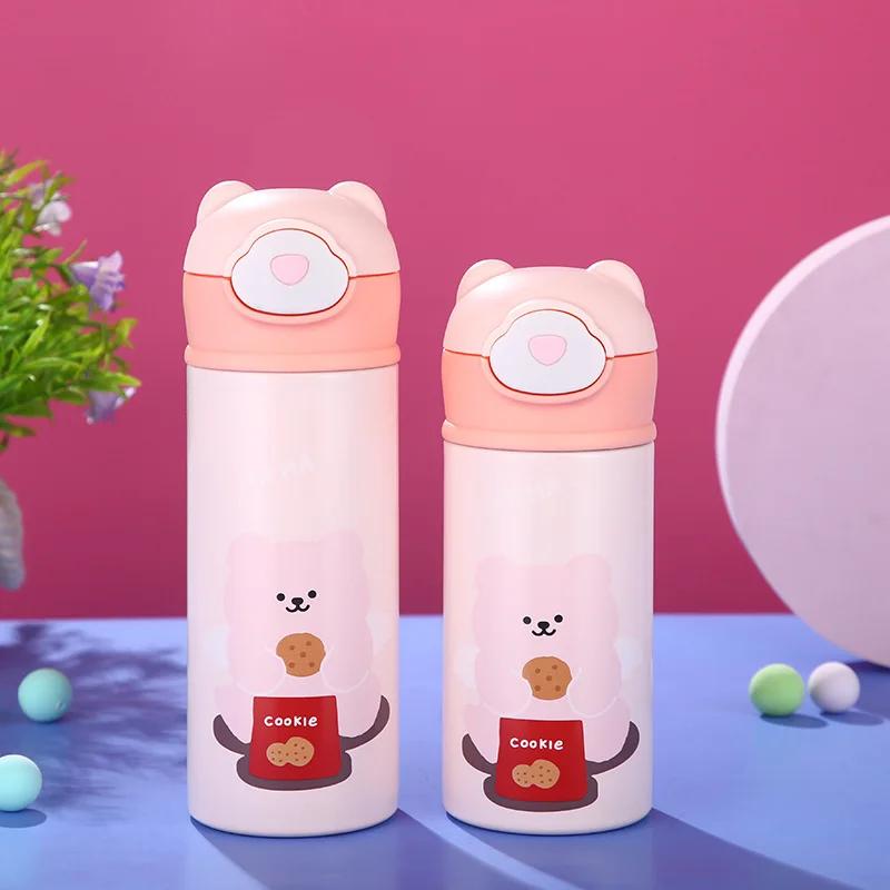 320/420ml Edelstahl Isolierflasche mit Schnappverschluss Outdoor-Komfort Studenten Strohhalm Wasserbecher Niedlicher Teddybär Kindergeschenk