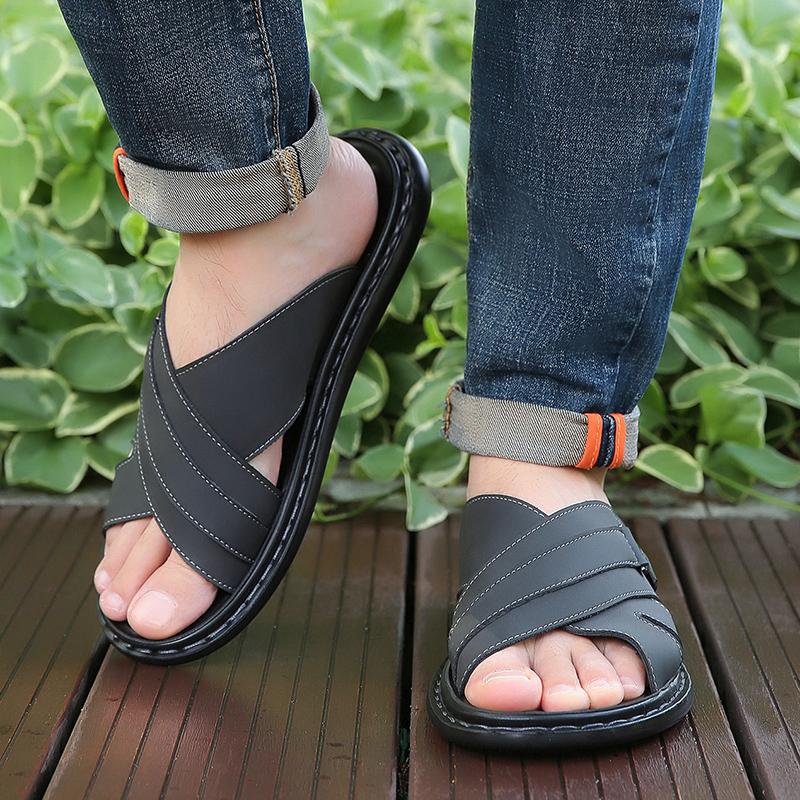 Men Black Leather Slippers Simple Flats Summer Brown Outdoor Roman Sandals Outdoor Beach Shoes Over Sized