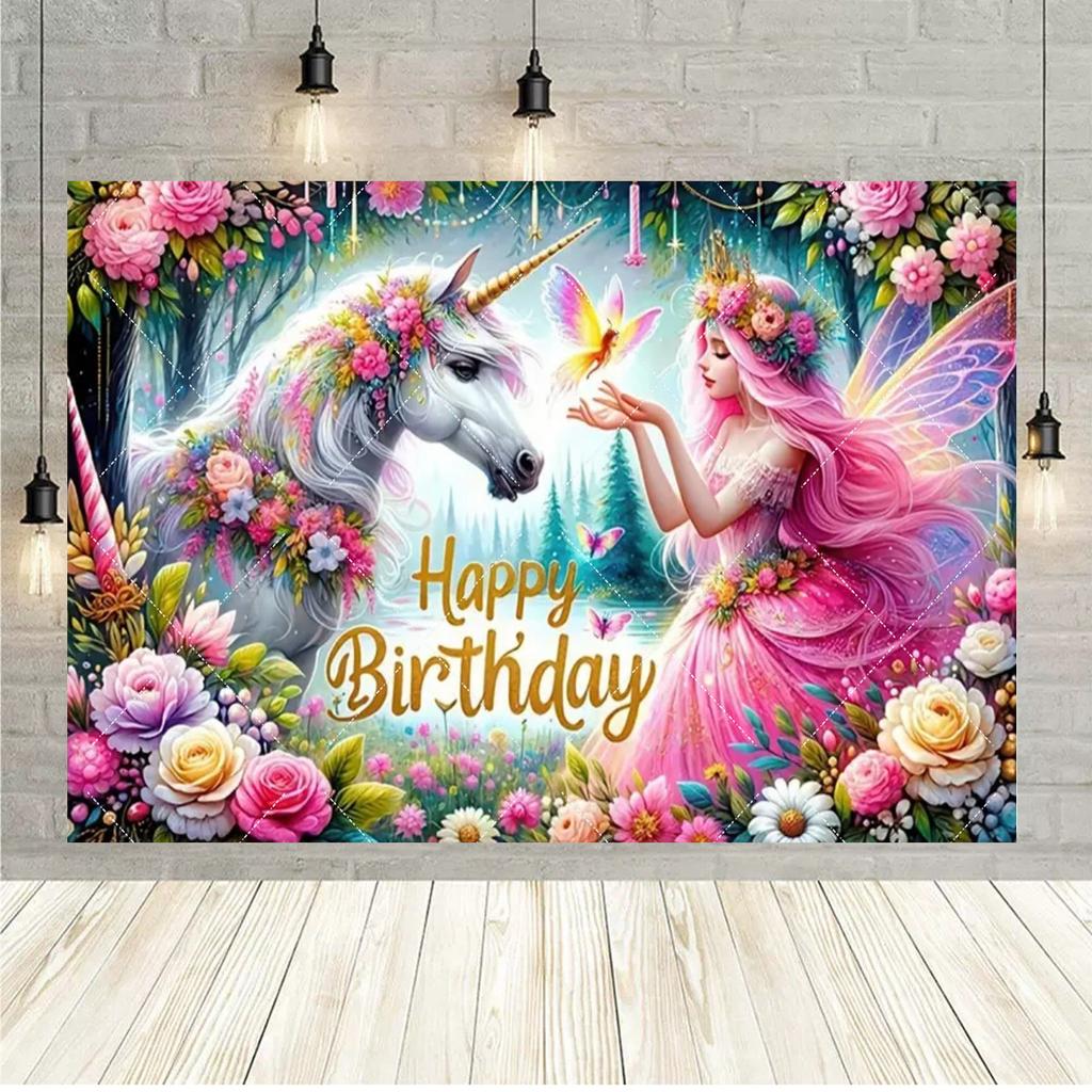 Unicorn themed backdrop, rainbow elf princess, birthday party supplies, cake table decoration, party favors628