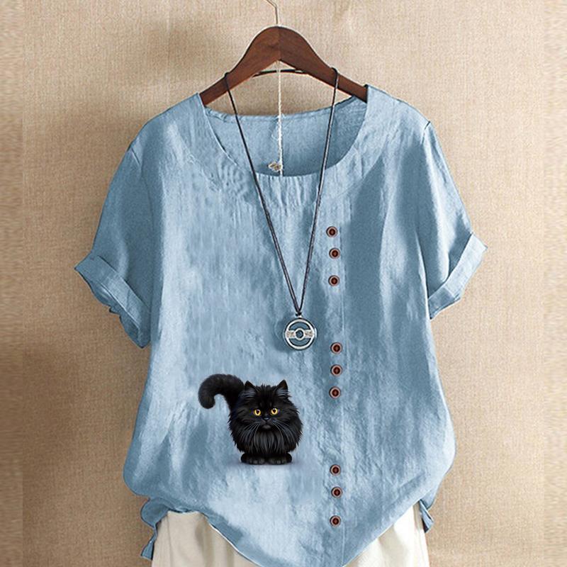Women's Fashion Black Cat Prined Round Neck Short Sleeve T-shirt Casual Cotton Linen Graphic Shirt Leisure Loose Summer Blouse Tops