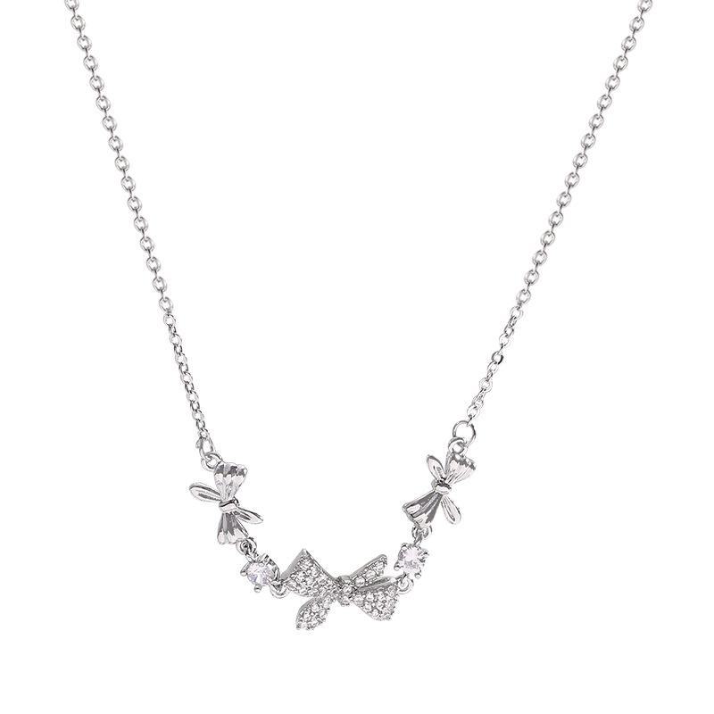Korean Trendy Micro-Diamond Bowknot Titanium Necklace & Bracelet Set