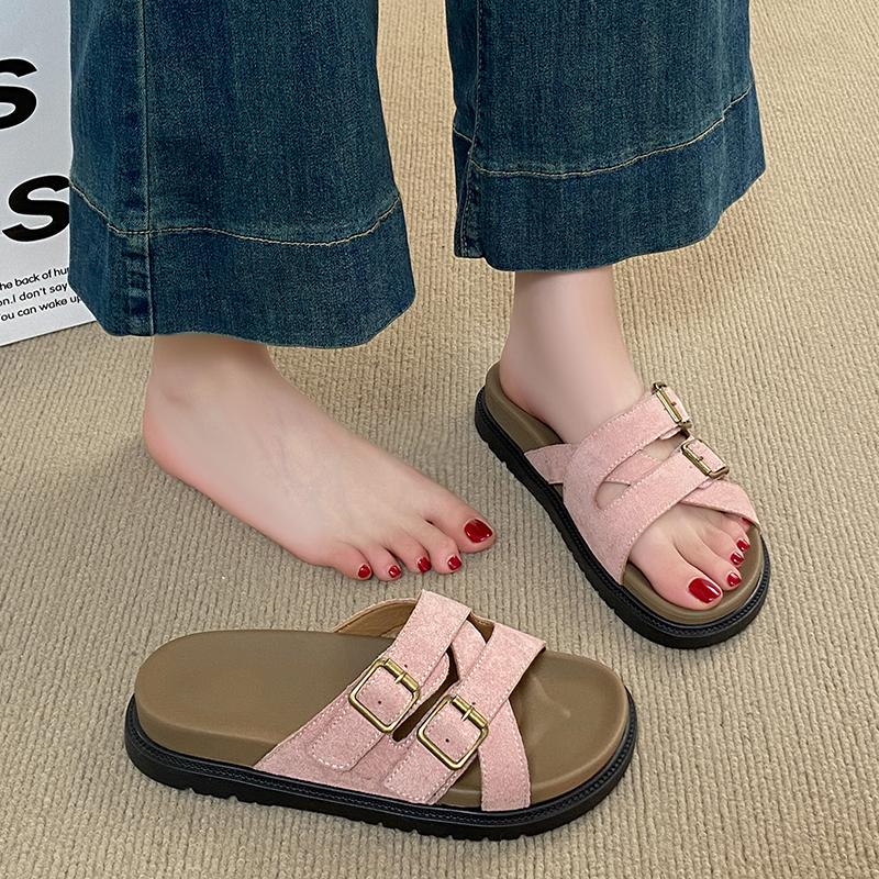 2025 Summer Open Toe Women Flats Slippers Shoes Fashion Cross Buckle Outdoor Beach Vacation Ladies Slides