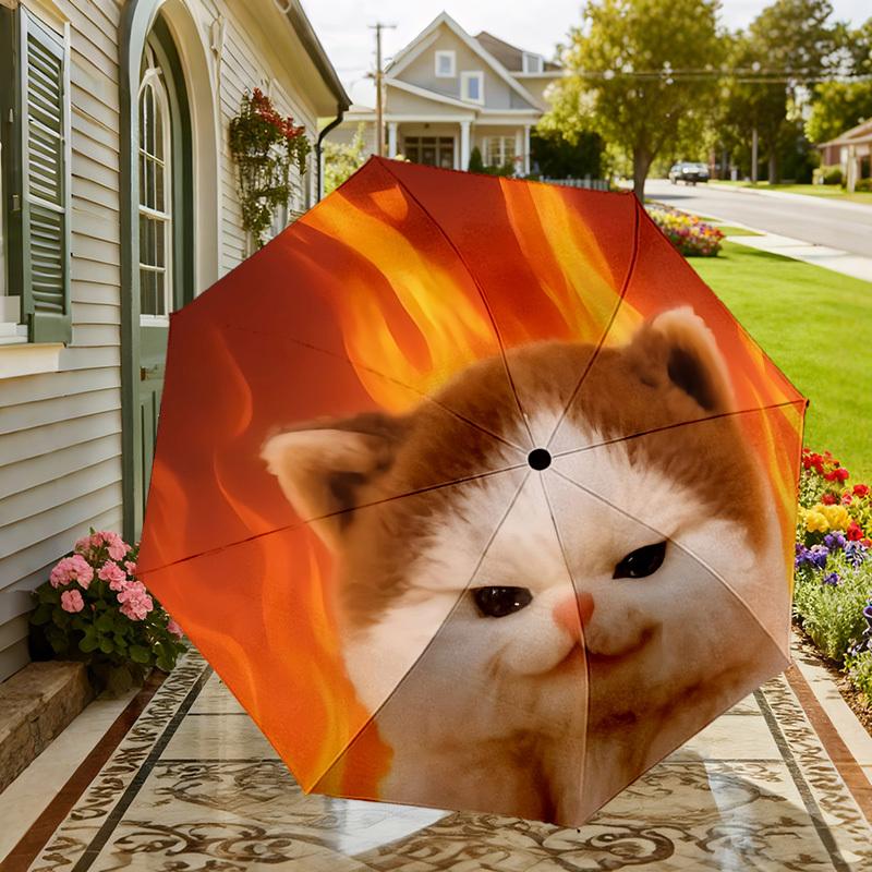 Flaming Feline Fun: Customizable Cat Print Umbrella - Auto Open/Closed, Outdoor Travel Essential, Lightweight & Durable 033