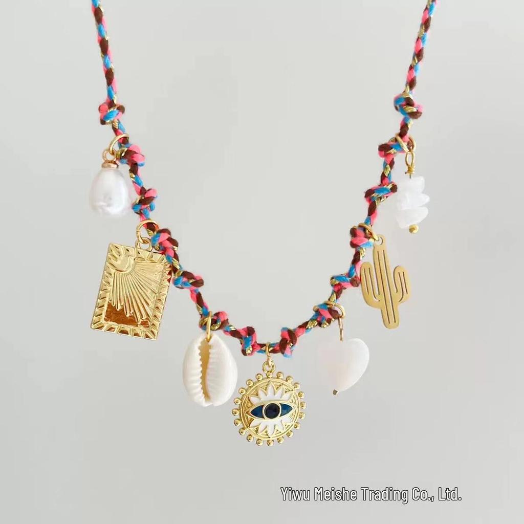 Conjunto de Pulsera y Collar Estilo Océano con Conchas y Estrellas Marinas de Acero Inoxidable