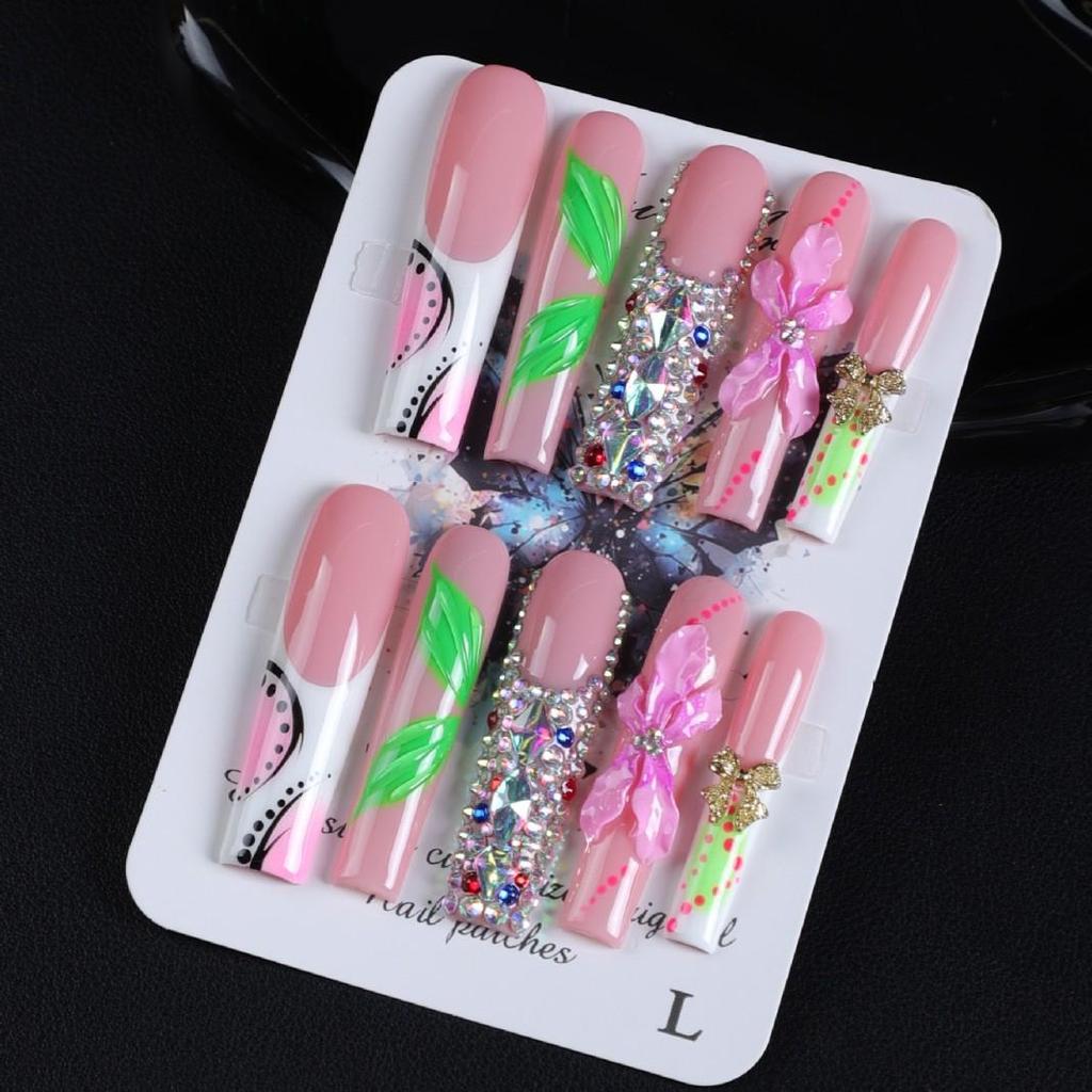 Handmade Super Long Rhinestone Bow Nail Art with Water Pipe Carving