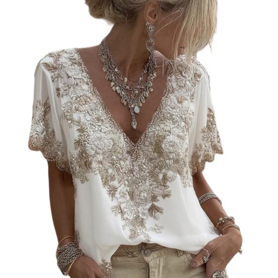 Women T-shirt V-Neck Short Sleeve 3D Imitation Jacquard Flower Decor Pullover Tops Loose Fit Summer Blouse Daily Wear