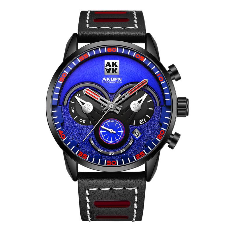 AKDPN Men s Three-Eye Chronograph Sports Leather Quartz Watch with Large Dial