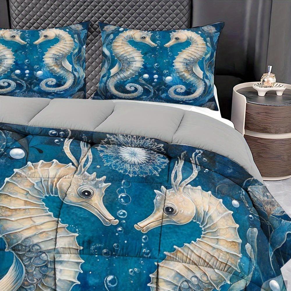 Latacaca 3-teiliges Elegantes Seepferdchen-Quilt-Set - Unterwasser-Themen-Bettwäsche-Set mit 1 Quilt & 2 Kissenbezügen Maschinenwaschbar Polyester