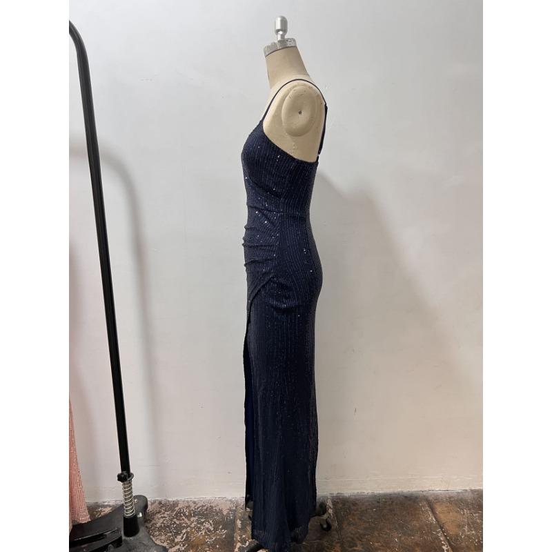 Women Sequined Spaghetti Strap V Neck Bodycon Long Evening Party Dress