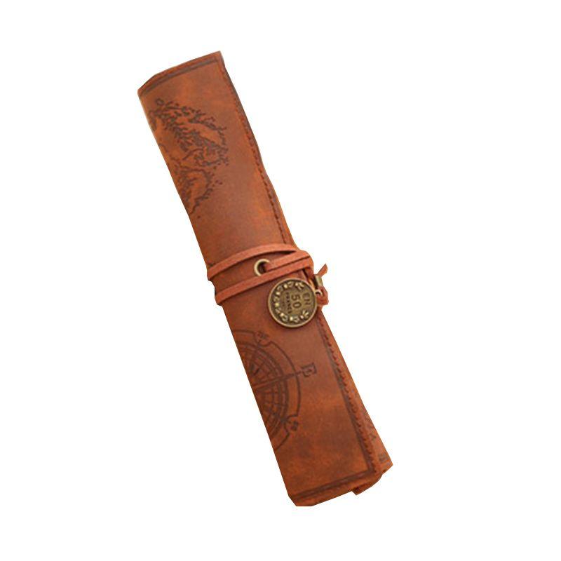 Map Roll Vintage Case Bag Purse Pouch Pen Pencil Case for School Leather Cosmetic Make Up PU Bag