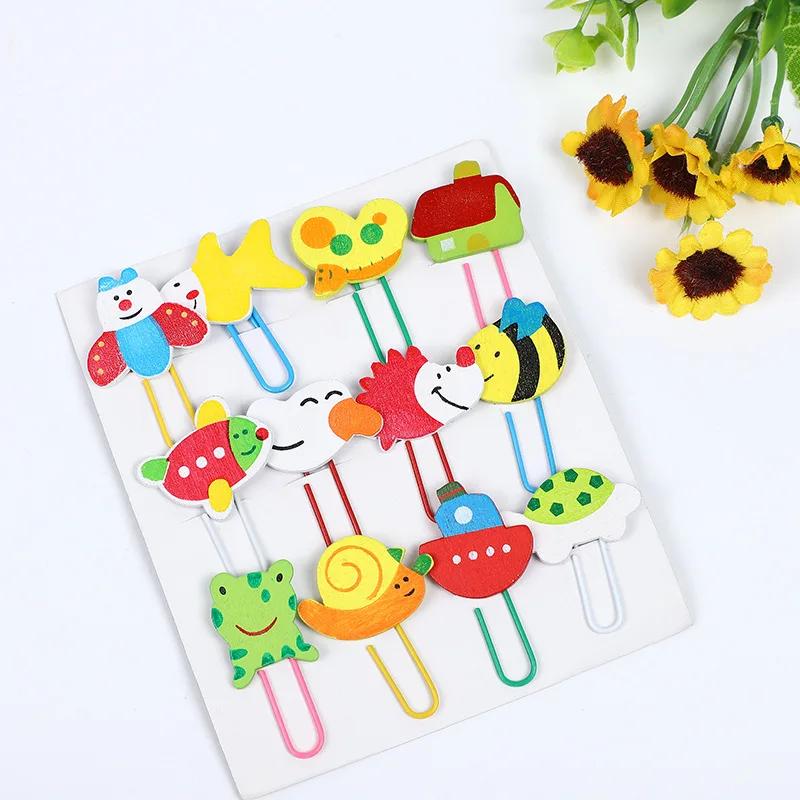 12Pcs /set Cute Animal Painted Wooden Paperclip Cartoon Stationery Learning Office Supplies PaperClips Clip Metal Cake Plugin