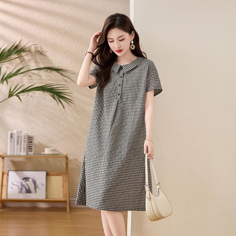 Black and white plaid cotton dress women's summer new loose and thin doll collar casual shirt skirt