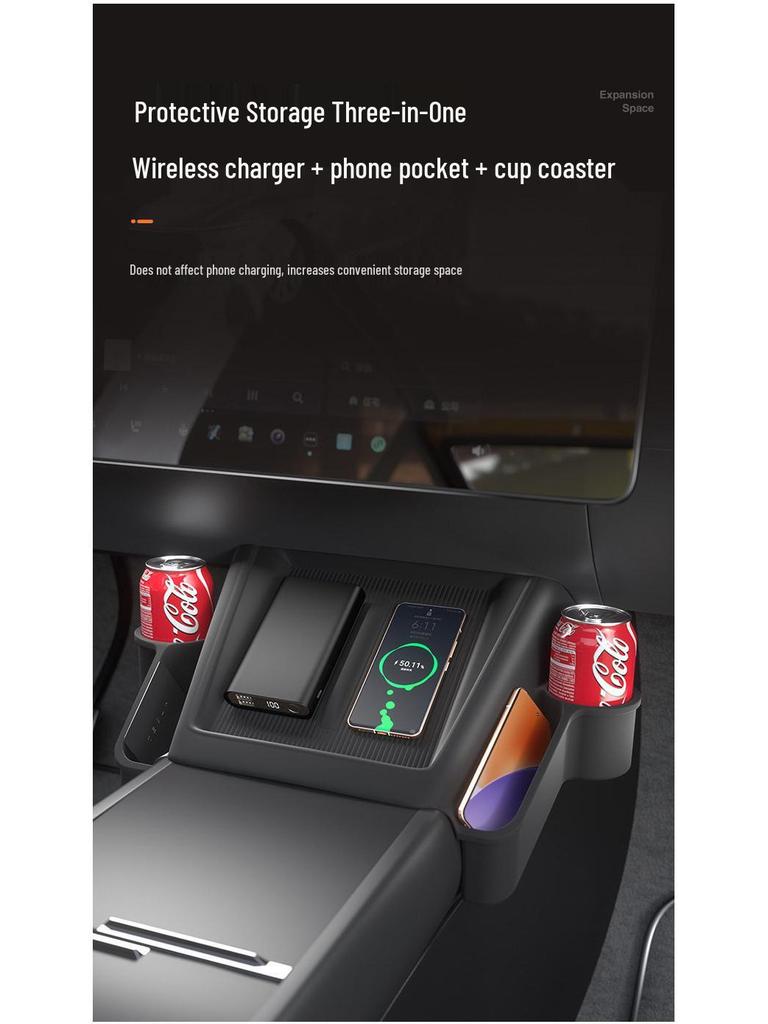 Tesla Wireless Charging Storage Pocket: Dustproof, Wear-resistant, Non-slip, Noiseless, with Dual Cup Holders.