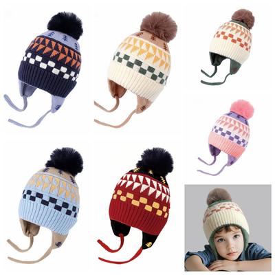 Touca de Tricô Jacquard para Bebê com PomPom Earmuffs Infantis Moda Gorros Infantis à Prova de Vento