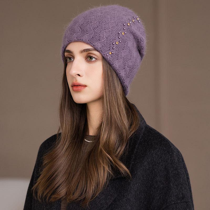 

Вязаная шапка из кроличьего меха, модная и универсальная, для осени и зимы, с защитой ушей, шапка-мешок на голову, женская шерстяная шапка ONE SIZE