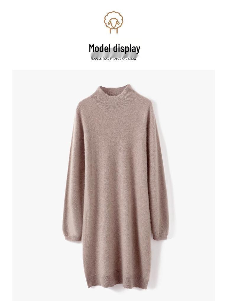 Women's 100% Wool Knit Dress - Autumn/Winter Semi-High Neck Casual Versatile Style