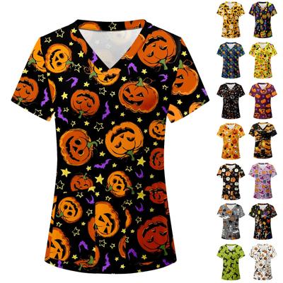 Lässiges Damen-T-Shirt mit V-Ausschnitt und kurzen Ärmeln, Halloween-Druck, Uniform