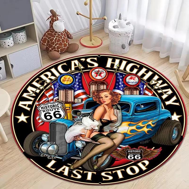 Route 66 Mother Road Print Round Rug Balcony Hallway Rugs Non Slip Washable American Automobile Highway Circle Carpet Crawl Mat