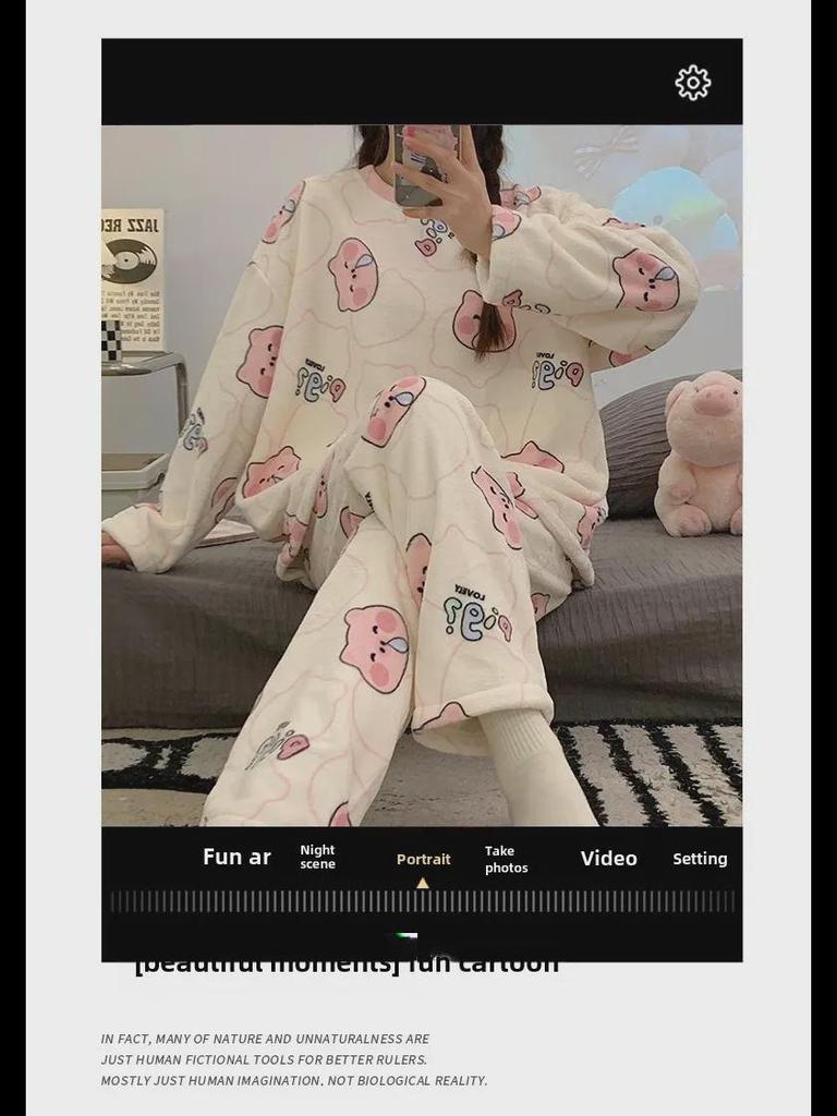 Cozy Coral Fleece Cartoon Pajama Set for Women – Perfect for Autumn and Winter