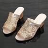 Foreign trade mesh rotund sandals women's 2020 summer new fish mouth middle heel sequins casual large size high heel sandals