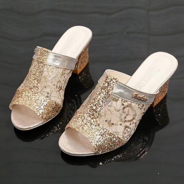 Foreign trade mesh rotund sandals women's 2020 summer new fish mouth middle heel sequins casual large size high heel sandals