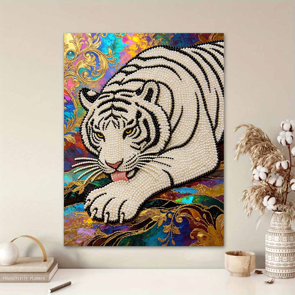 Shiny Pearl Elegant White Tiger DIY Painting Creative Bead Art Craft Household Wall Decoration Nice Present For Art Hobbyists Home Decor Accents