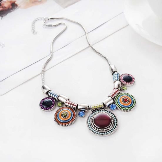 Limeimei Ethnische Damen-Halskette mit Strass-Intarsien, runder Emaille-Anhänger, Statement-Lätzchen-Halskette, Geschenk
