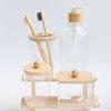 4-Piece Bathroom Set: Transparent Press-Down Soap Bottle, Toothbrush Holder, Bamboo Lid Cotton Swab Box, and Acrylic Cotton Ball Jar