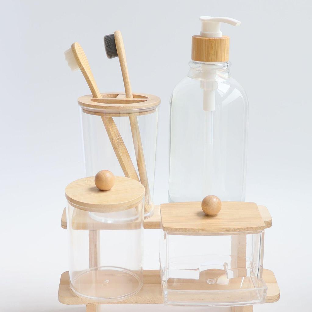 4-Piece Bathroom Set: Transparent Press-Down Soap Bottle, Toothbrush Holder, Bamboo Lid Cotton Swab Box, and Acrylic Cotton Ball Jar