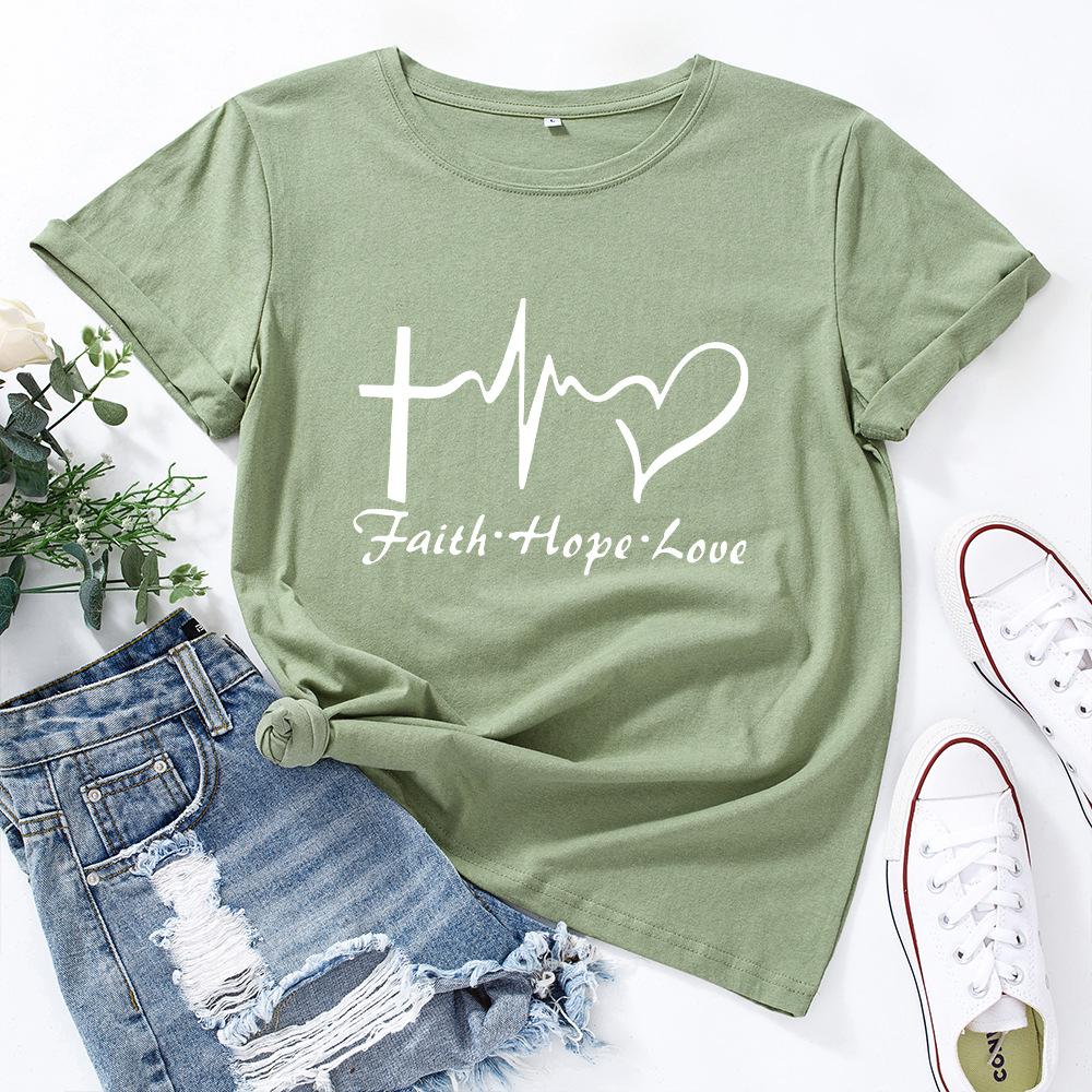 Faith Creative Alphabet Cotton T-Shirt Short Sleeve Round Neck Women 2d Print Tops