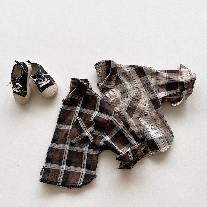 Kids Korean Style Retro Long Sleeve Plaid Shirt For Boys And Girls