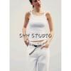 Spring and Summer New Women's Clothing Minimalist Easiest for Match Cotton Blended Sling Double-Layer round Neck Shoulder Strap T-shirt Tops 4174336