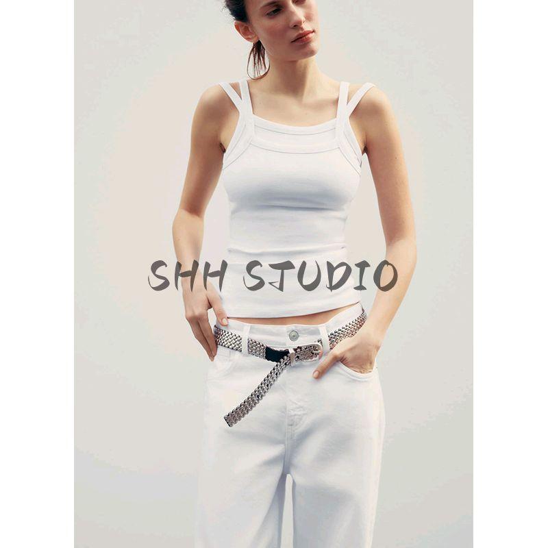 Spring and Summer New Women's Clothing Minimalist Easiest for Match Cotton Blended Sling Double-Layer round Neck Shoulder Strap T-shirt Tops 4174336
