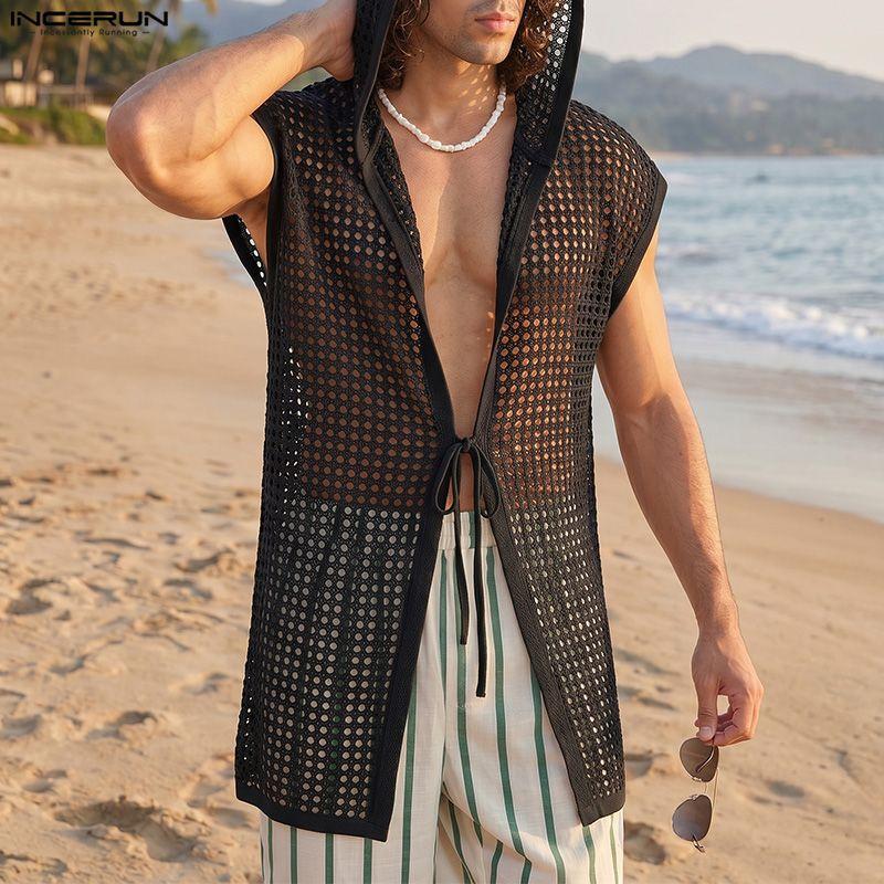 INCERUN Herren Mesh Durchsichtig Kapuzenweste Ärmellos Durchsichtig Strandurlaub Cardigan Tanktops