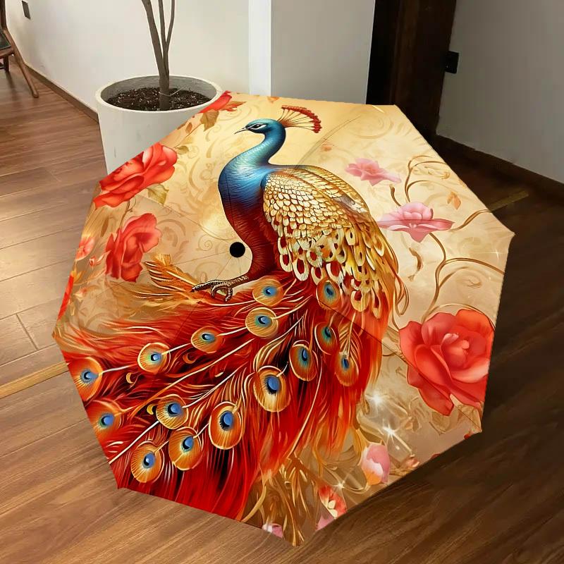 1PC Peacock Flowers Automatic Open/Close Umbrella with Windproof, 8-Rib Sturdy Canopy, Durable Ribs, Fashionable Design, 1304A