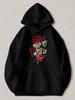 Schwarzer Pullover Hoodie mit Vintage Tattoo Stil Aufdruck mit roten Rosen Dolch Herz Und 'Lebe deinen Traum für immer' Slogan Lässig