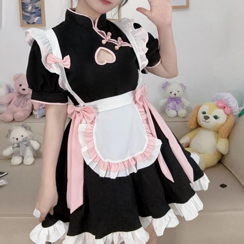 Chinese style maid outfit COS hollow new Chinese cheongsam maid uniform suit dress