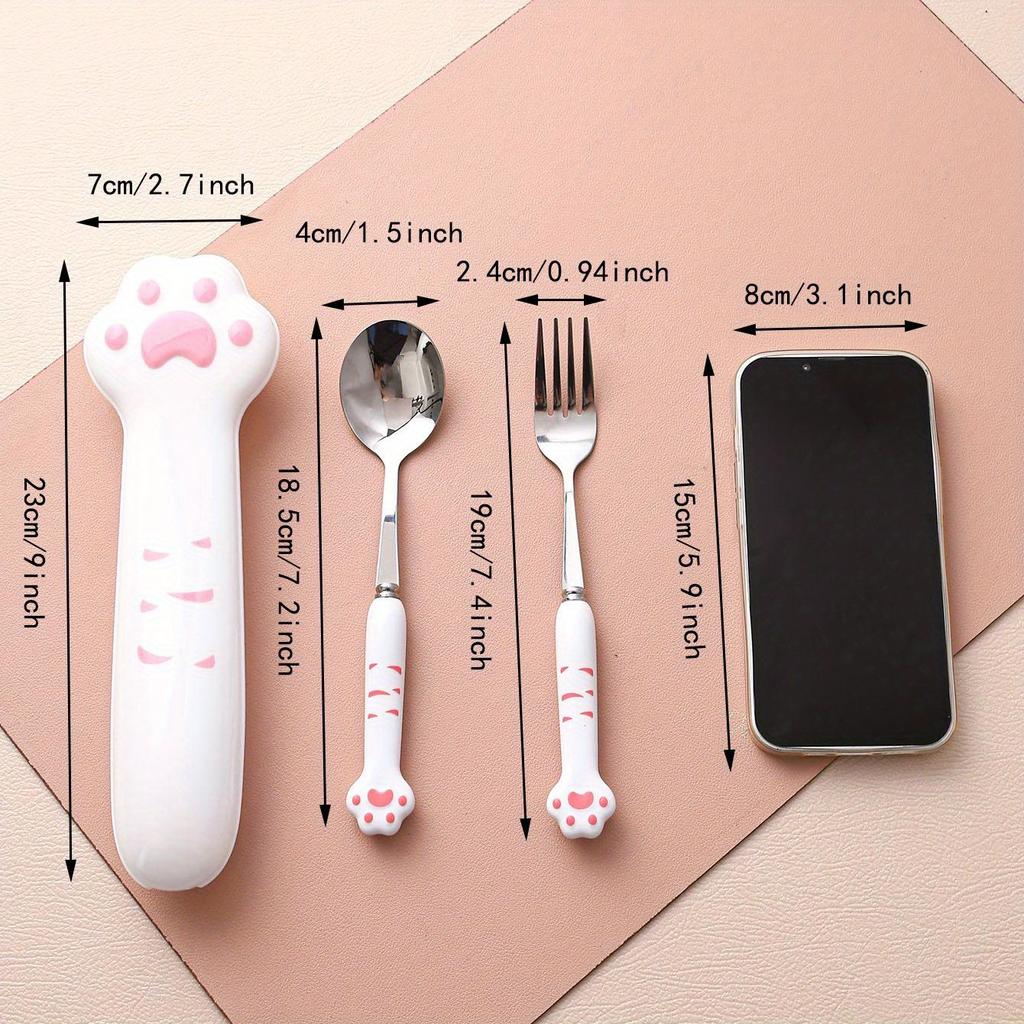 Cute Cat Paw Cutlery Set Stainless Steel Fork Spoon with Storage Box Dinnerware Tableware Silverware Lunch Portable Tableware