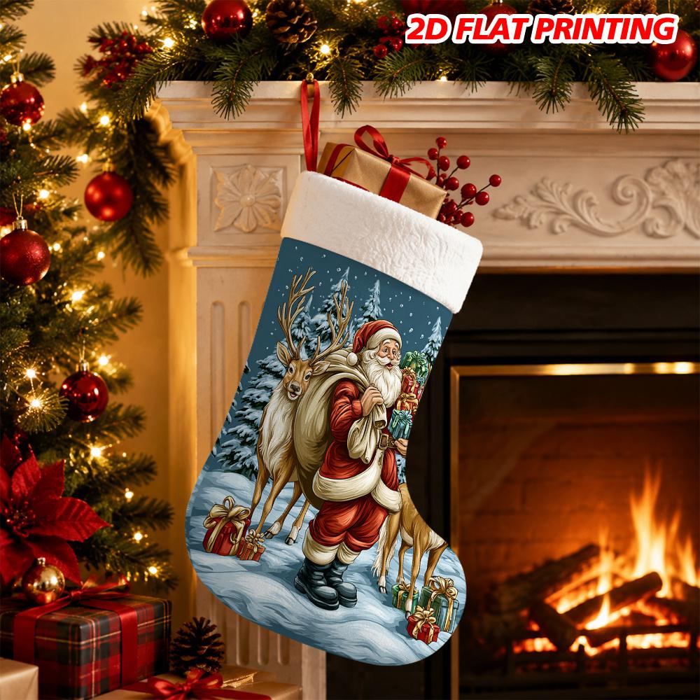 Christmas Decoration Fireplace Hanging Stocking 1pc 2D Flat Christmas Santa Reindeer Snow Forest Printed Chris