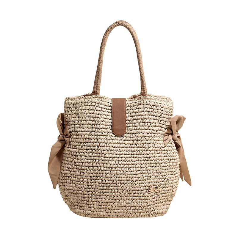 

2026 New Fashion Straw Woven Tote for Women Large Capacity Beach Handbag with Ribbon Bow Casual Shoulder Bag for Summer Vacation хакі