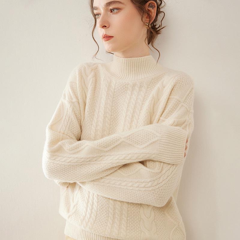 Women's 2025 Cashmere Cable Knit Pullover: Heavyweight, Half-High Collar, Loose, Slimming Sweater.