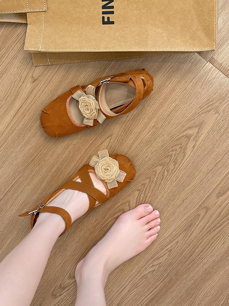 Sheepskin new Chinese retro leather flower ballet shoes women's inner height increase French shallow mouth single shoes women's Mary Jane shoes