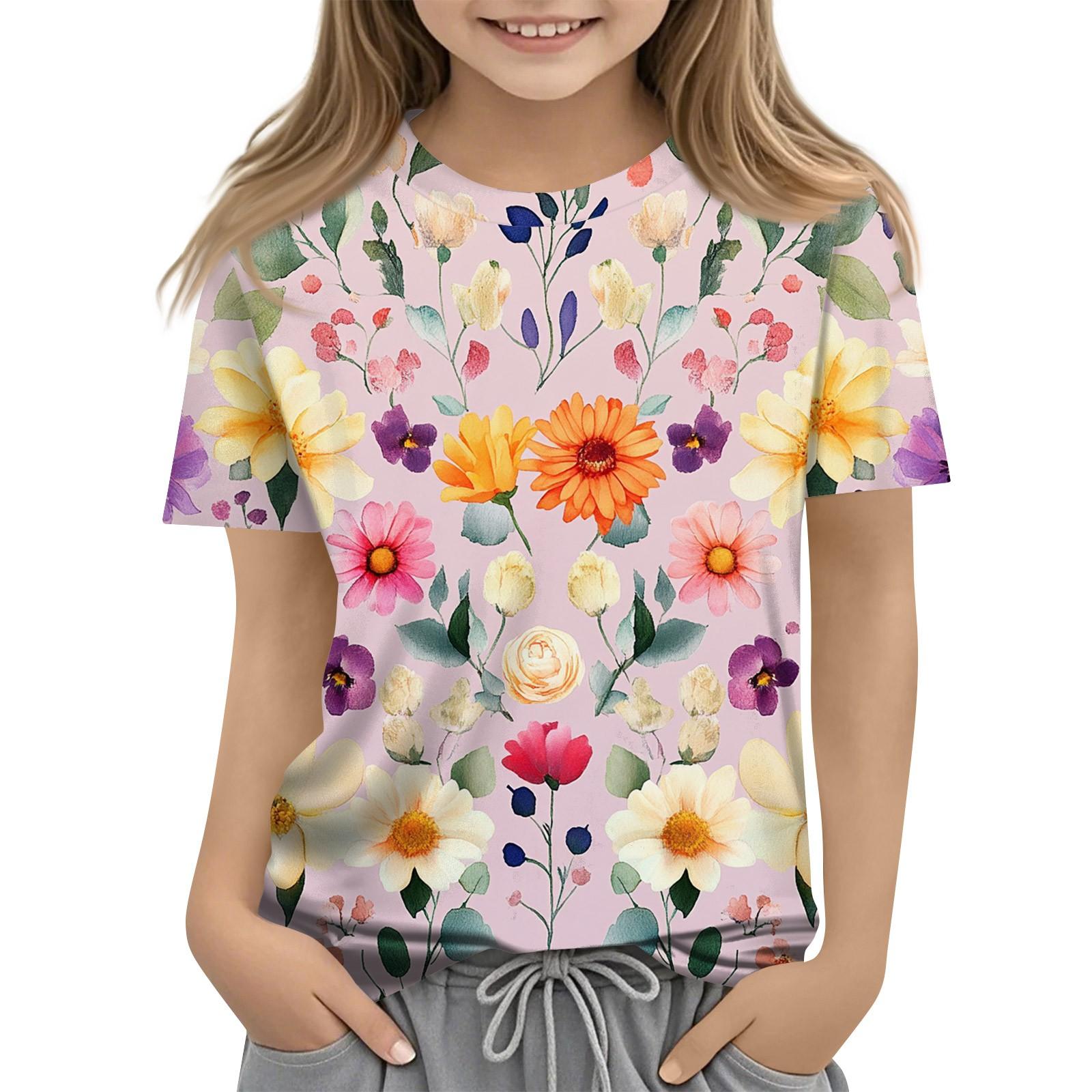 

Летний топ с круглым вырезом и 3D-цветочным принтом, модные повседневные футболки с короткими рукавами для девочек 160