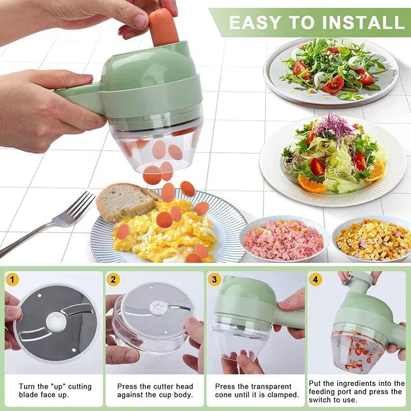 4-in-1 Multifunctional Electric Food Processor Peel Slicer Handheld Wireless Garlic Masher Food Chopper Meat Grinder for Kitchen