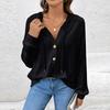 Women's Fashion Long-Sleeved Drawstring Button-Up V-Neck Casual Solid-Colour Sweatshirt Top
